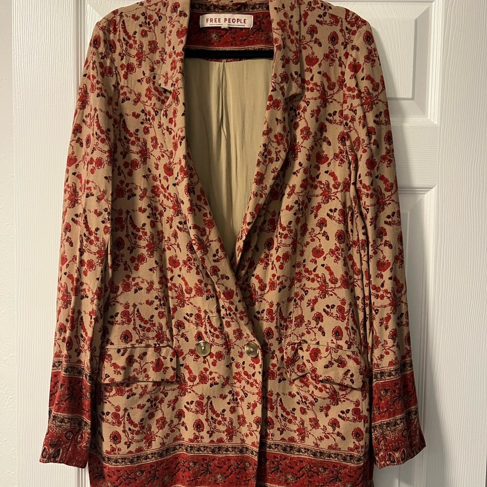 Free People Beige Blazer with Red Floral Border Print